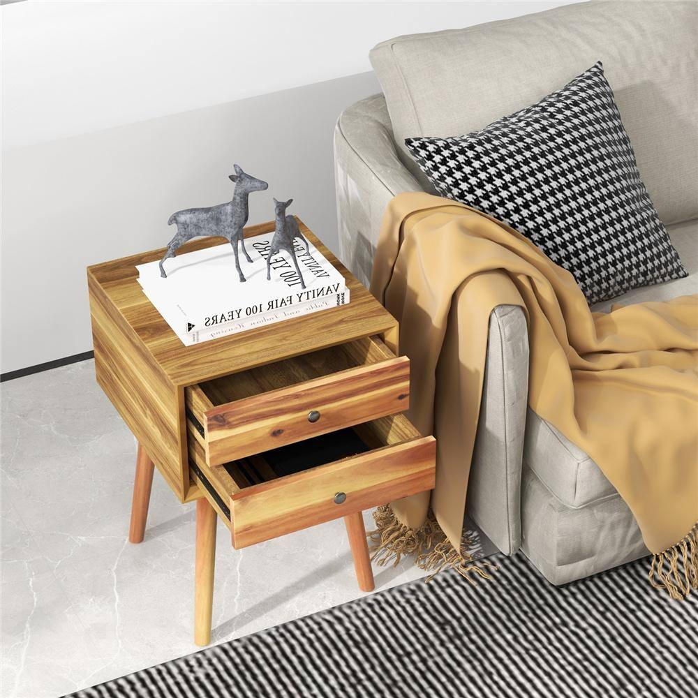 Tangkula Wooden Nightstand with 2 Storage Drawers Accent End Side Table for Bedroom&Living room Natural