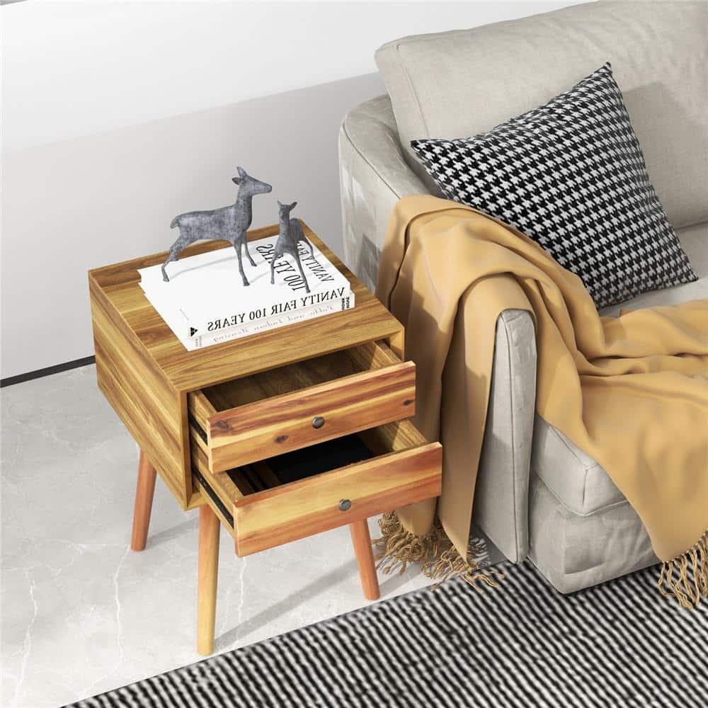 Tangkula Wooden Nightstand with 2 Storage Drawers Accent End Side Table for Bedroom&Living room Natural
