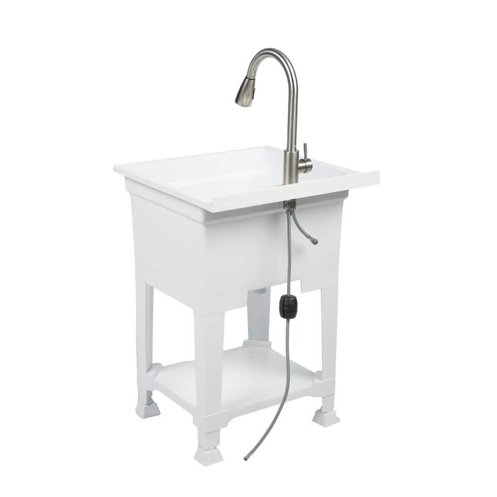 UTILITYSINKS Plastic 24" Freestanding Compact Utility Tub Sink for Workshop, Laundry Room, Garage, Greenhouse & Pet Wash Station, White