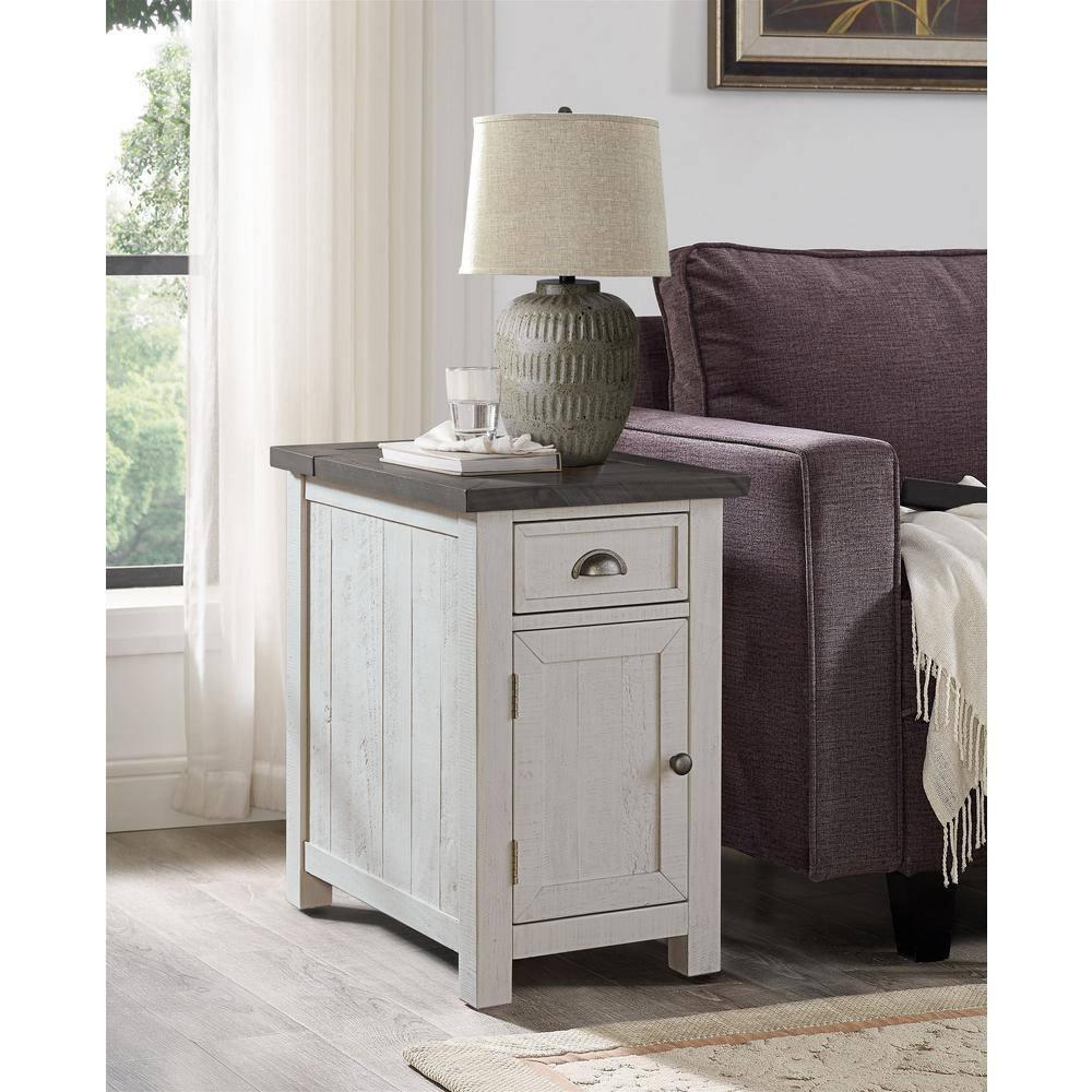Martin Svensson Home Monterey Solid Wood Chairside Table with Power, White Stain and Grey