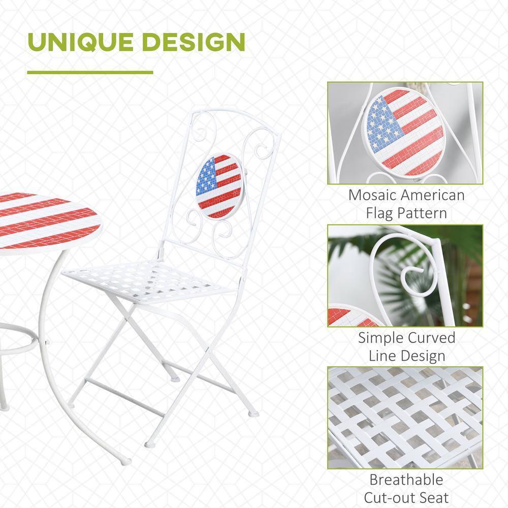 Outsunny 3 Piece Patio Bistro Set, Folding Outdoor Furniture with USA Mosaic Table and Chairs for 4th of July, Balcony, American Flag