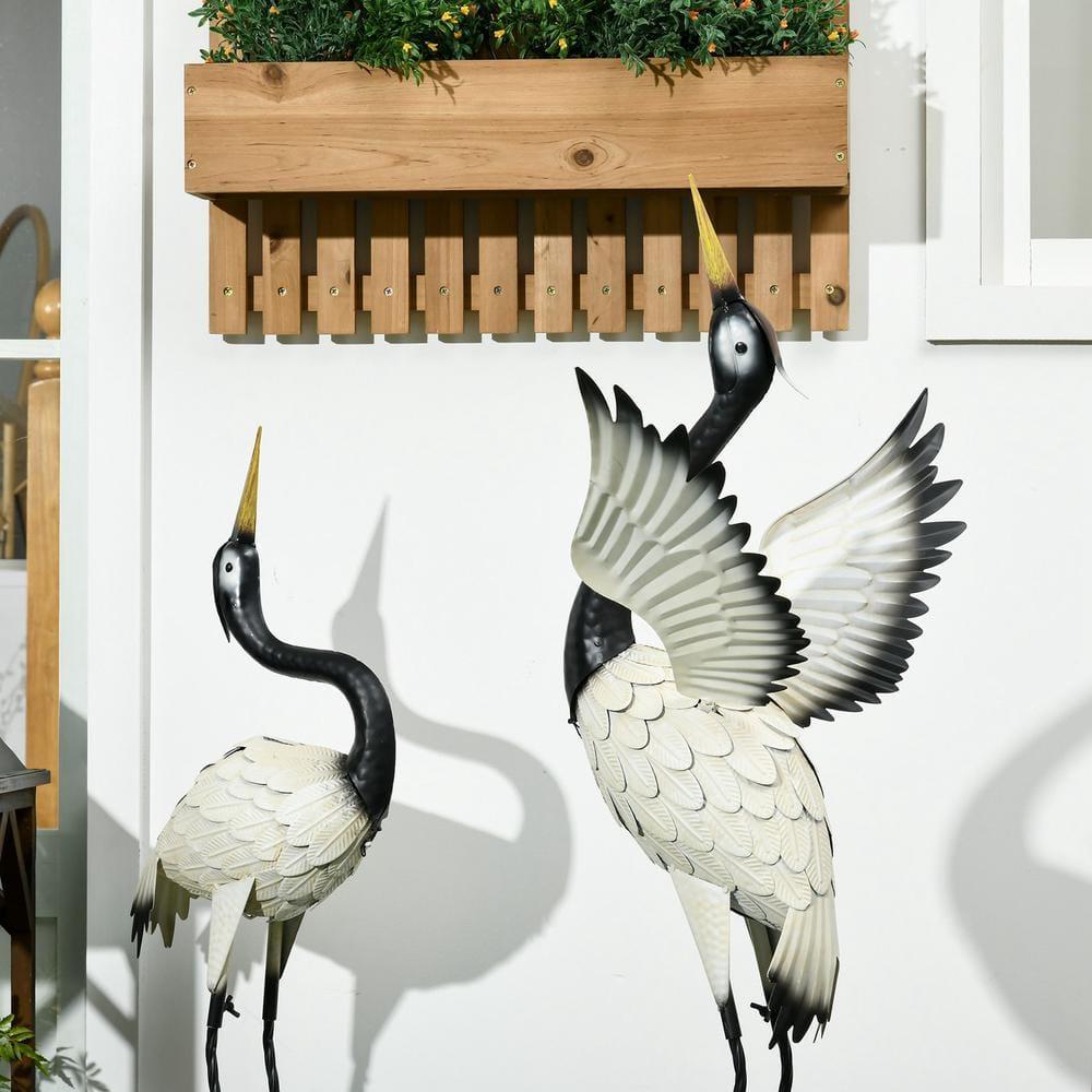 Outsunny Heron Garden Statues, 35.5" & 40.5" Standing Bird Sculptures, Metal Yard Art Decor, Landscape Decoration Set of 2, White & Black