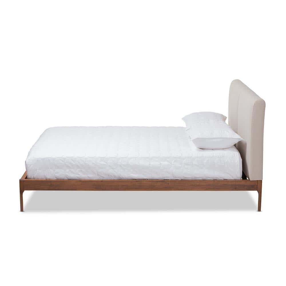 Baxton Studio Full Aveneil Walnut Finished Platform Bed Beige/Walnut Brown: Upholstered Headboard, Wood Composite Frame