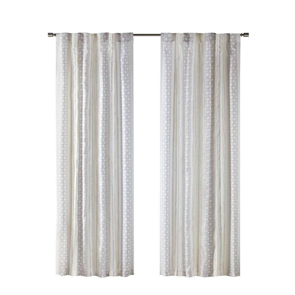 Ebby White and Taupe Geometric Velvet Polyester Window Panels