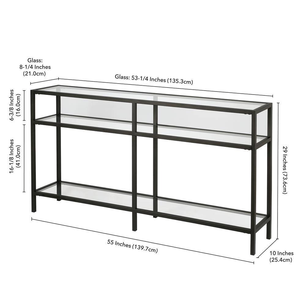 Sivil 55" Blackened Bronze and Black Metal Console Table with Glass Top