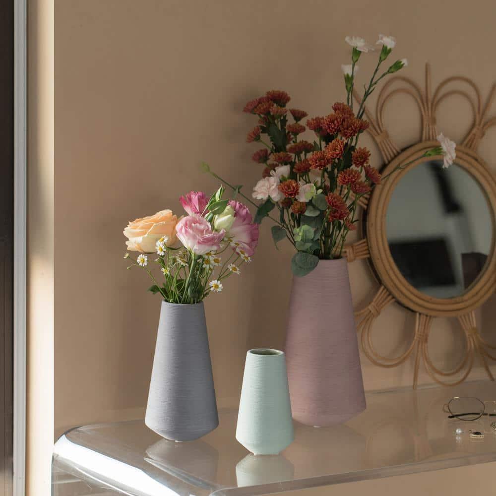 Uniquewise Decorative Ceramic Round Cone Shape Centerpiece Table Vase Set of 3, Pink Large, Gray Medium, and Green Small