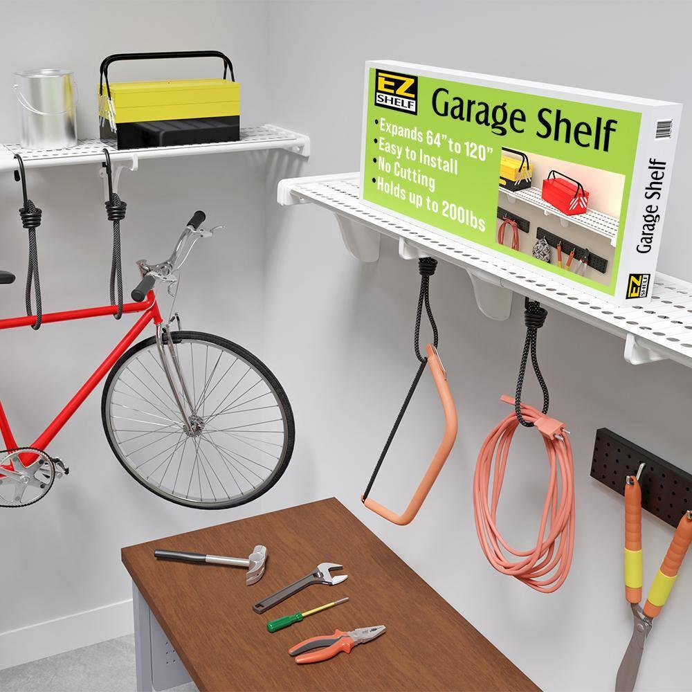 EZ Shelf-Expandable-Garage Shelf- -White- Easy to Install -Strong (up to 250 Lbs)- Wire Shelving Alternative –Wall Mounted Garage Shelf Organizer (White, 40.5" - 75")