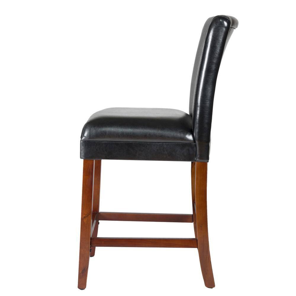 24" Faux Leather Luxury Counter Height Barstool Black - HomePop: Rubberwood Legs, Padded Back