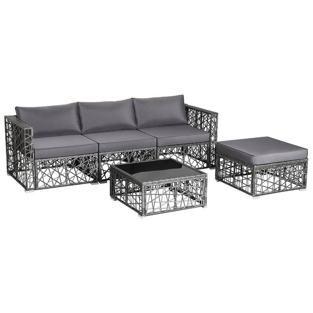 Costway 5 Pieces Patio PE Rattan Wicker Sofa Furniture Set Cushioned  Outdoor Grey
