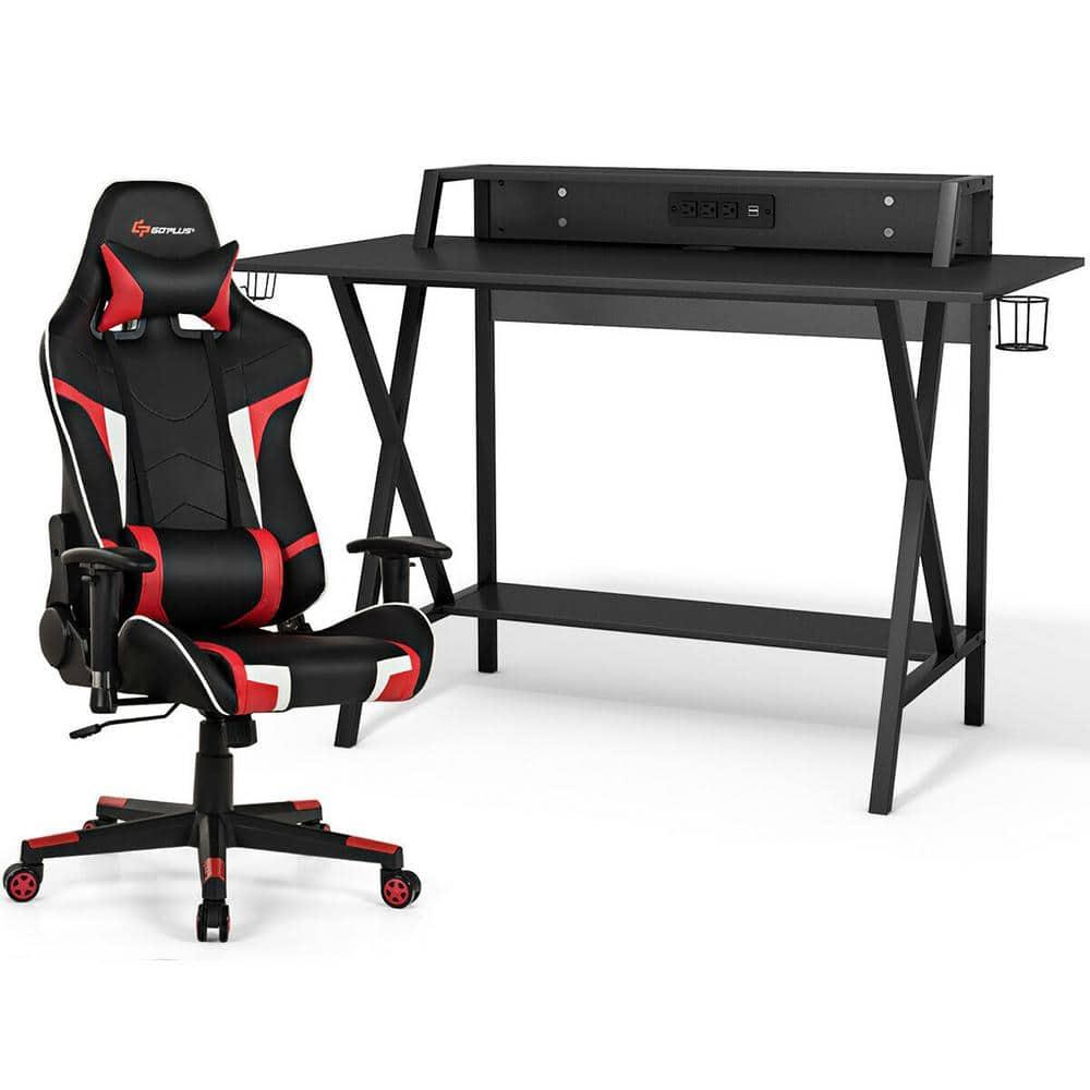 Goplus Gaming Computer Desk&Massage Gaming Chair Set w/Monitor Shelf Power Strip Red