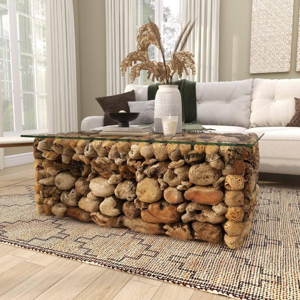 Millwood Pines Brown Wood Handmade Stacked Collage Coffee Table with Clear Glass Top