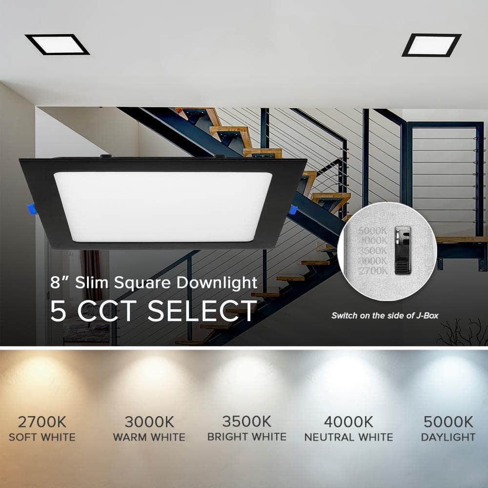 Maxxima 8 in. 5CCT Square Recessed LED Downlight, 1400 Lumens Slim Flat Panel Color Selectable 2700K/3000K/3500K/4000K/5000K, Dimmable, Canless IC Rated, Black Trim, J-Box Included