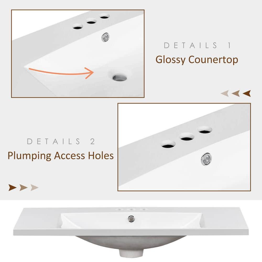 36" Countertop Bathroom Sink, Resin Bathroom Sink With Faucet Holes, Bathroom Vessel Sink, Stain-Resistant Countertop Basin, White