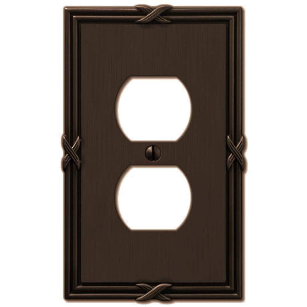 Amerelle Ribbon and Reed Single Duplex Cast Metal Wallplate in Aged Bronze
