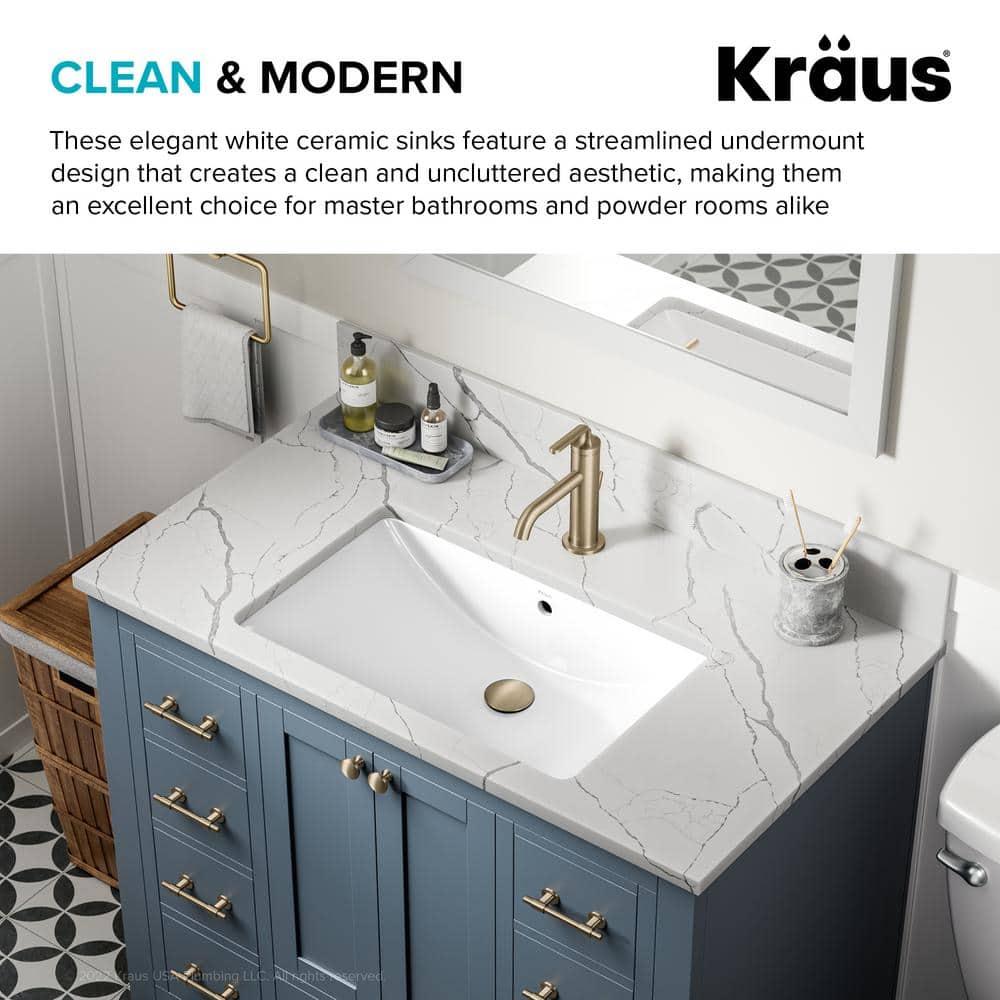KRAUS Elavo. Rectangular Porcelain Ceramic Undermount Bathroom Sink In White With Overflow Drain, KCU-243