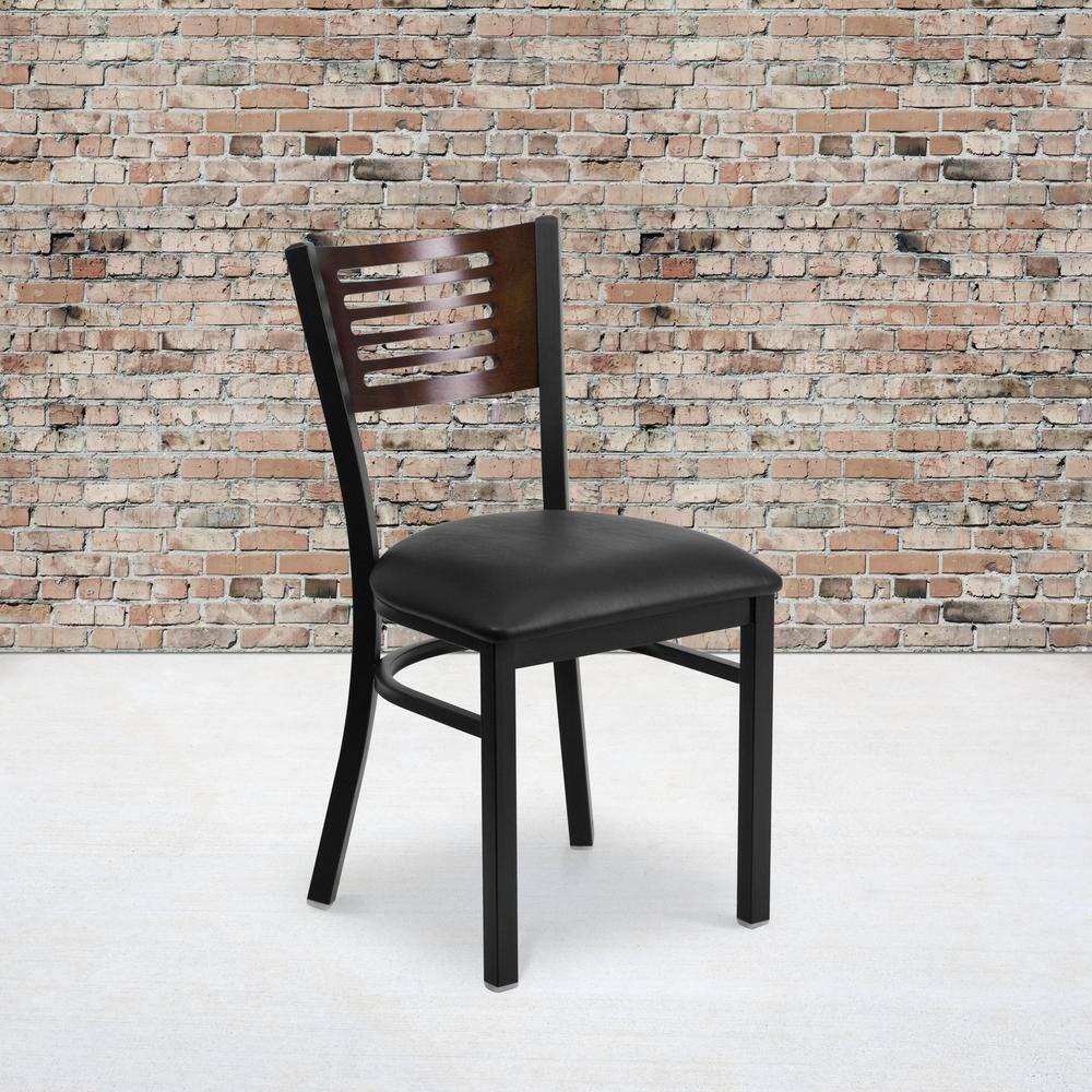 Flash Furniture HERCULES Series Black Slat Back Metal Restaurant Chair - Walnut Wood Back, Black Vinyl Seat