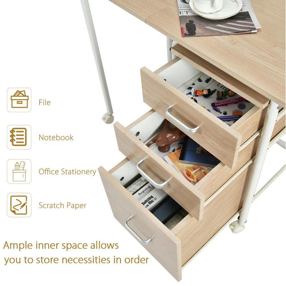 Gymax Folding Computer Laptop Desk Wheeled Home Office Furniture With 3 Drawers