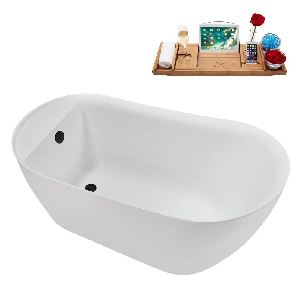 Streamline Bath 59" Streamline Freestanding Soaking Acrylic Bathtub With Drain and Bamboo Tray N2080BL