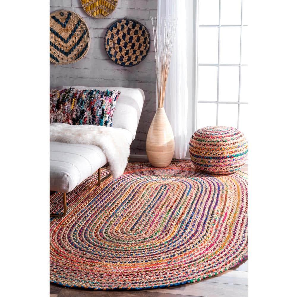 Nuloom Aleen Striped Oval 7x9 Jute Indoor Area Rug for Dining Room Rug Neutral Rug Living Room Rug Kitchen, Multicolor