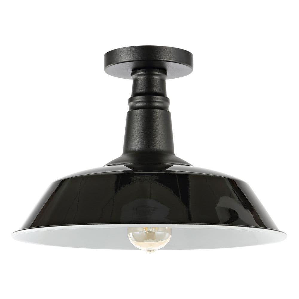 JONATHAN Y Camila 14" 1-Light Classic Industrial Indoor/Outdoor Iron LED Semi Flush Mount, Black/White, JYL7617B