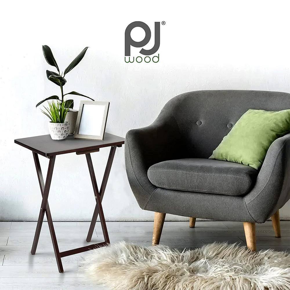 PJ Wood Solid and Sturdy Wood Construction Portable Folding TV Snack Tray Table Desk Serving Stand, Espresso Brown (4-Piece Set)