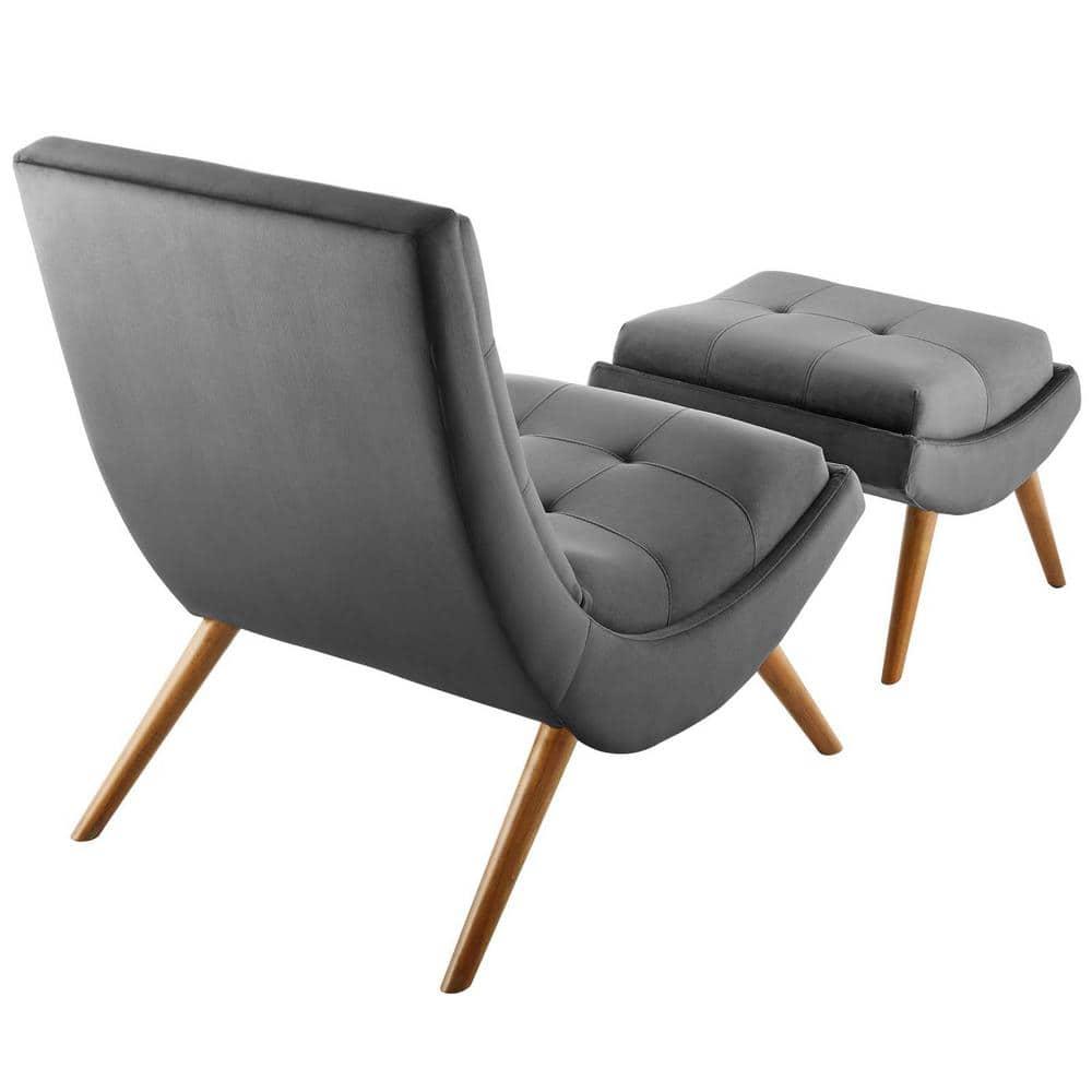 Modway Ramp Performance Velvet Lounge Chair and Ottoman Set in Gray