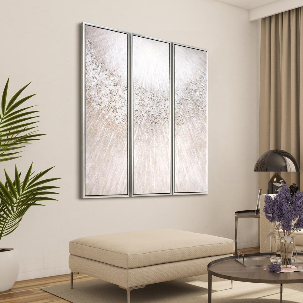 Empire Art Direct Silver Radiant Trio Textured Glitter Hand Painted Framed Canvas Wall Art with Silver Leaf