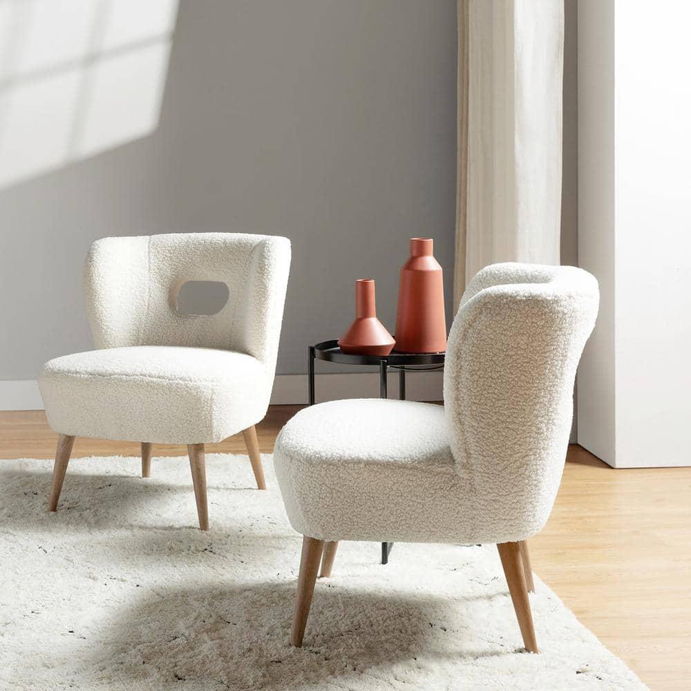 Upholstered Sherpa Barrel Accent Chair White Cutout Back Armless Wooden Legs Home Bedroom Living Room Office Adult Ivory