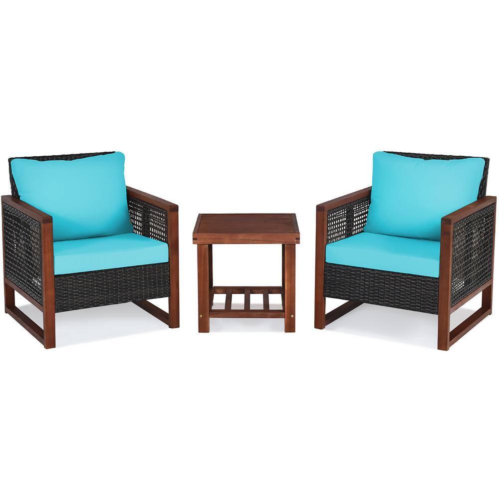Patiojoy 3PCS Patio Rattan Bistro Set Acacia Wood Frame Sofa and Side Table Turquoise Cushions