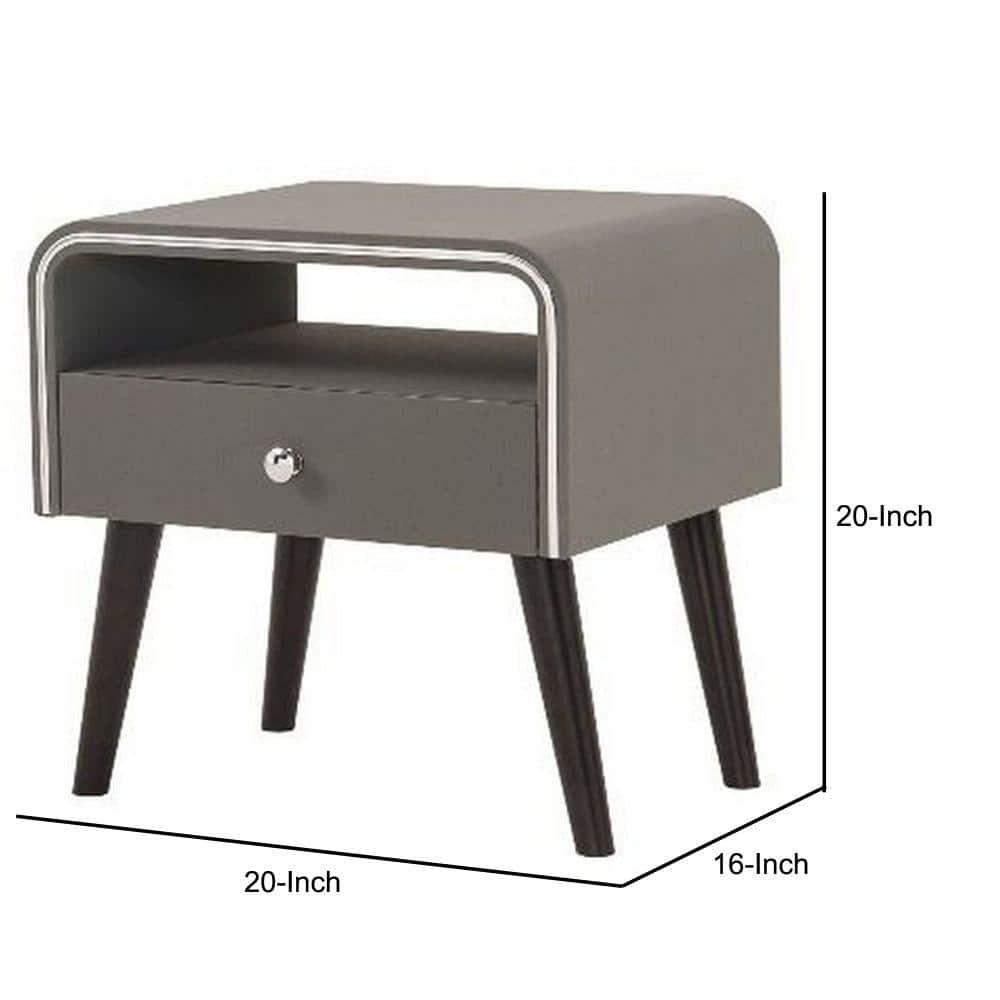 Curved Edge 1 Drawer Nightstand with Chrome Trim, Gray & Brown