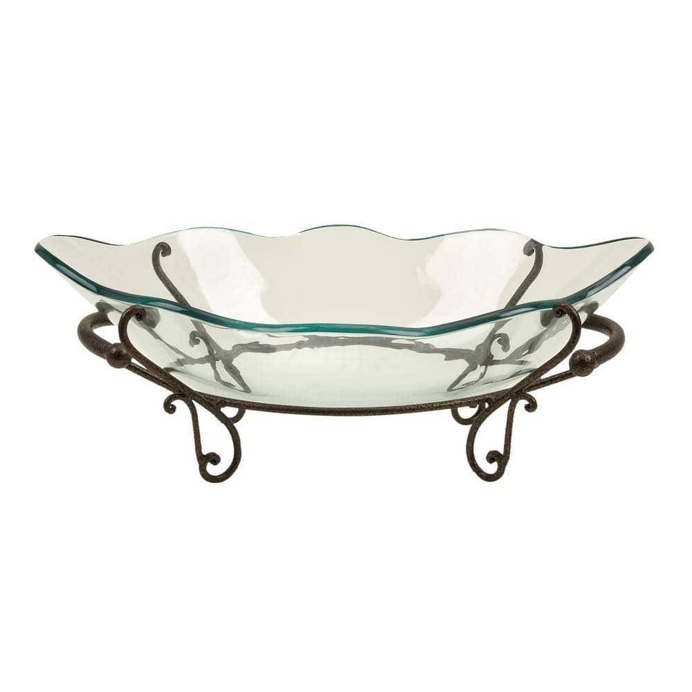 DecMode 23" x 9" Clear Tempered Glass Kitchen Serving Bowl with Brown Metal Scroll Base, 1-Piece