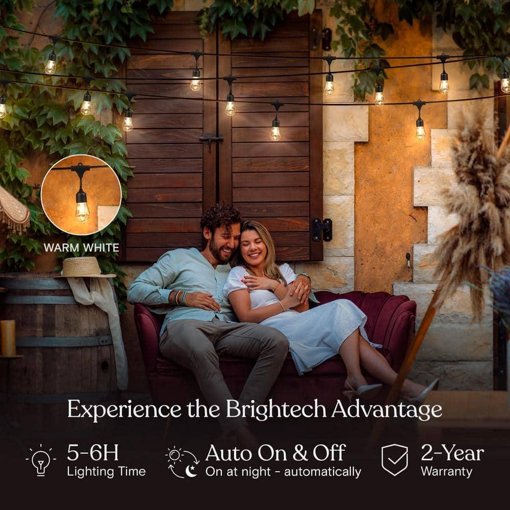 Brightech Ambience Pro 48 ft. Solar-Powered Outdoor LED String Lights with 15 Warm White S14 Bulbs, Weatherproof and Commercial-Grade Cord