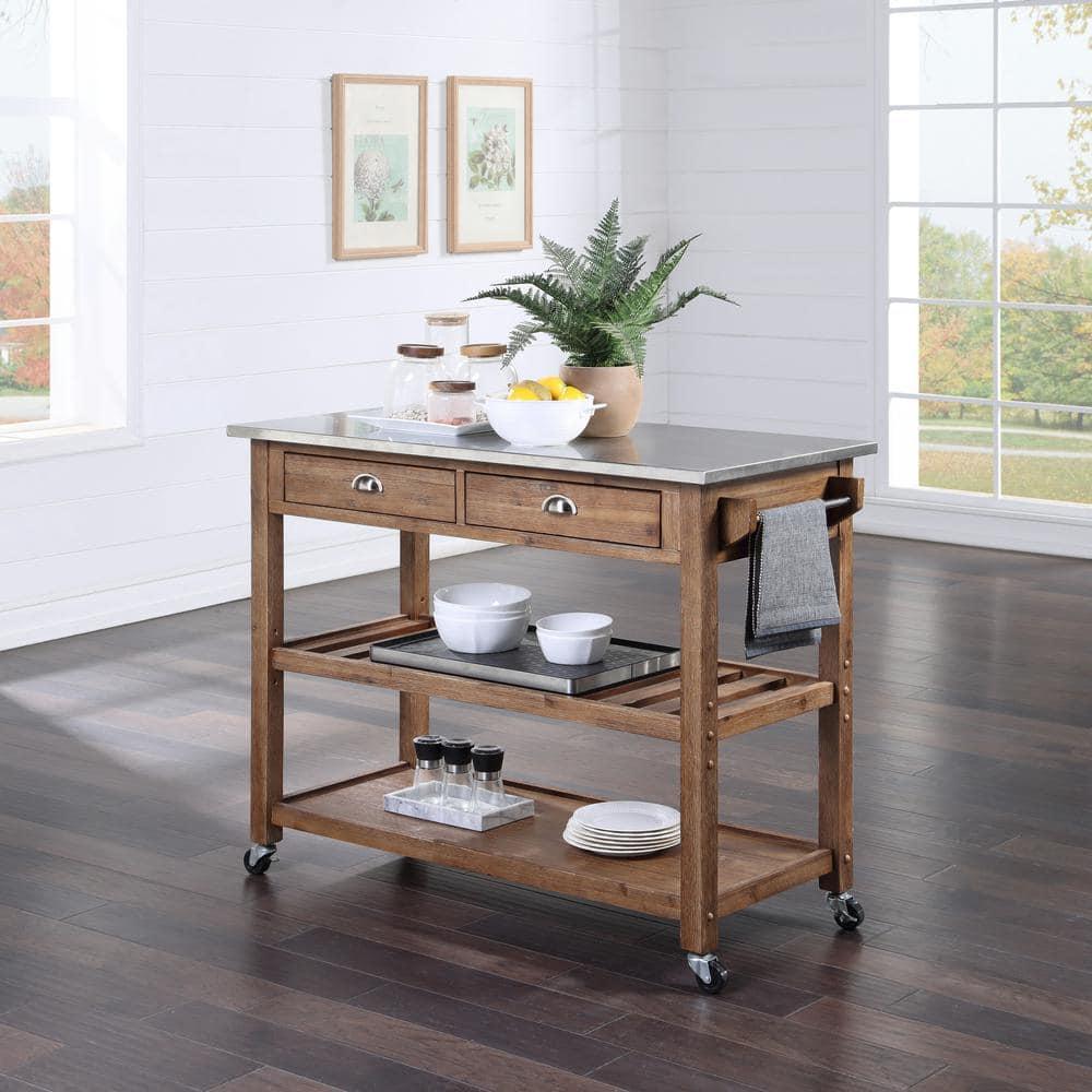 Boraam Sonoma Kitchen Cart with Stainless Steel Top in Barnwood Wire-Brush