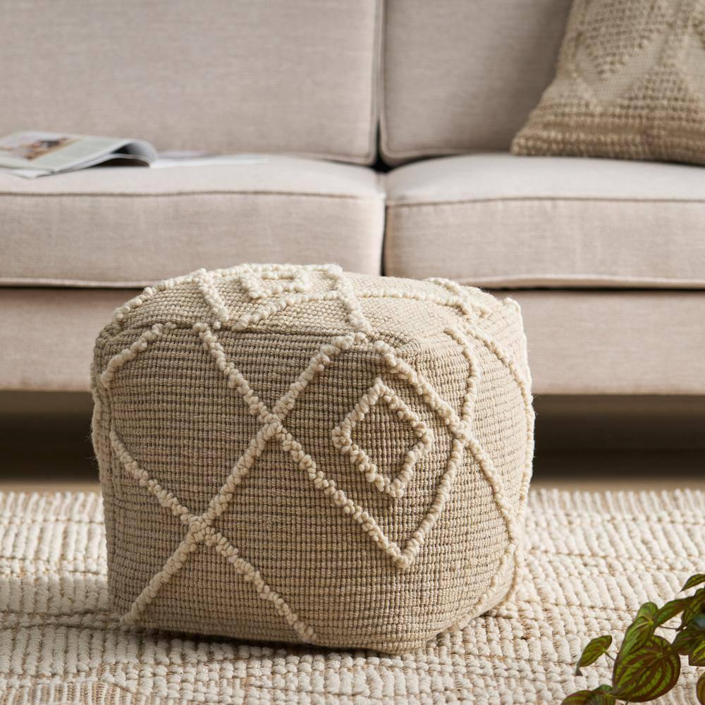 Noble House Cube Geometric Woven Wool Pouf, Off-White