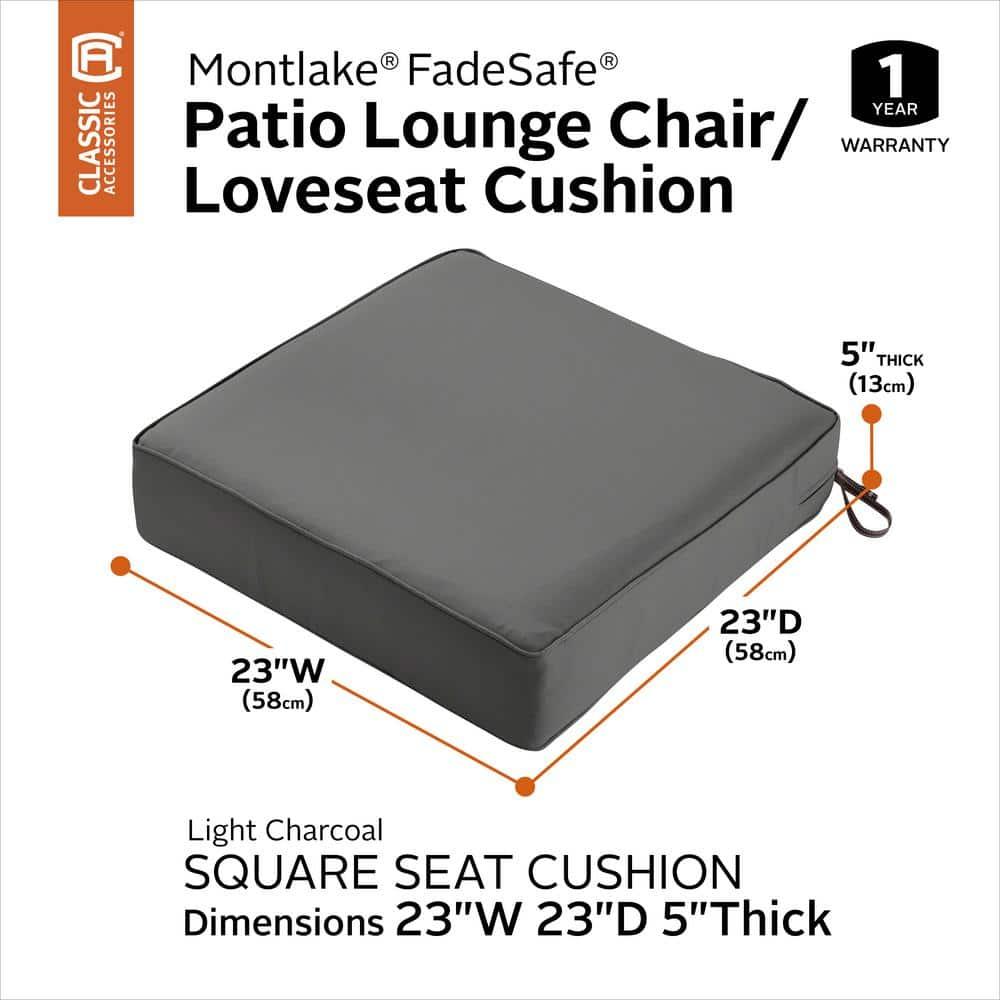 Classic Accessories Montlake FadeSafe Water-Resistant Patio Lounge Chair/Loveseat Cushion, 23 x 23 x 5 inch, Light Charcoal