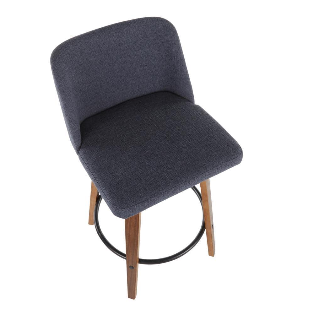 Set of 2 Toriano Mid-Century Modern Counter Height Barstools Walnut/Blue - LumiSource: Swivel, Polyester Upholstery, Wood Legs