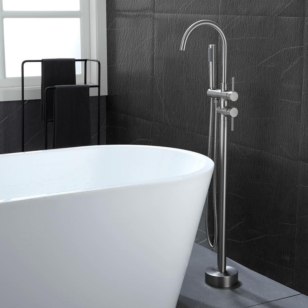 Double Handle Floor Mounted Freestanding Tub Filler With Handshower