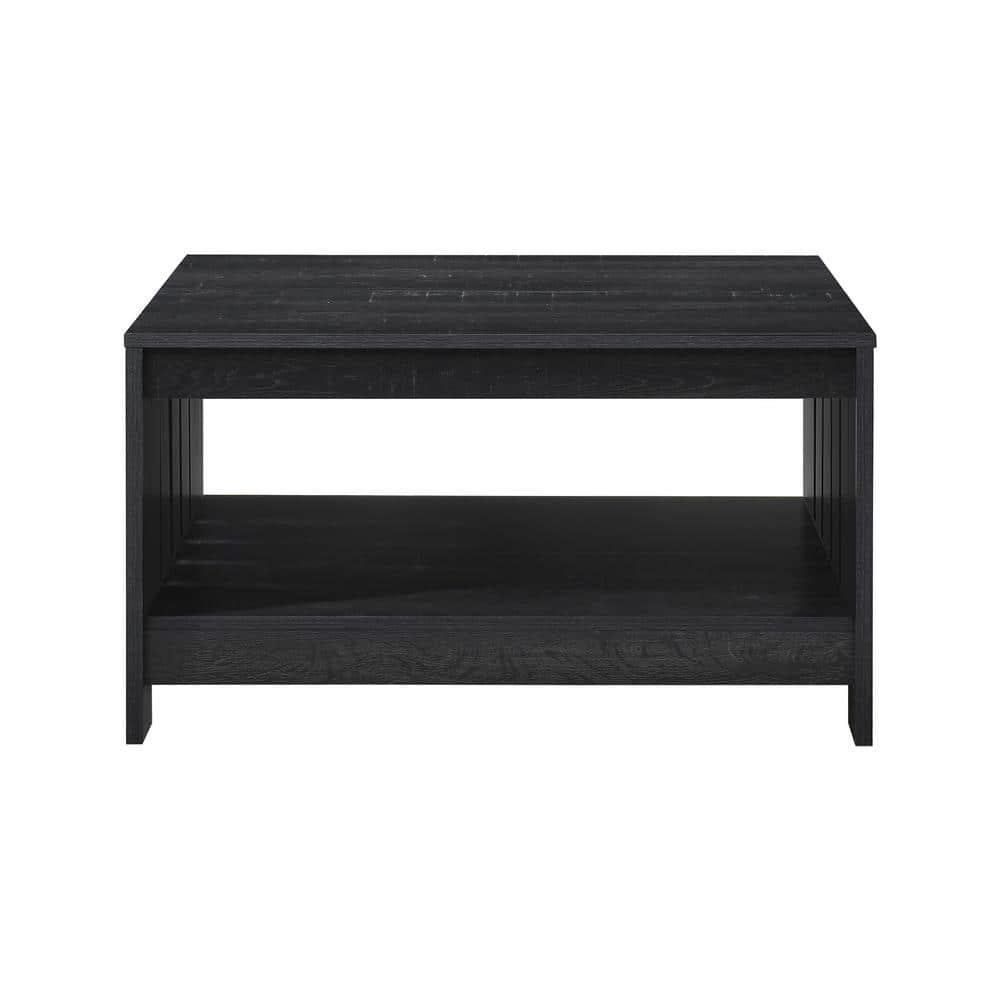 AndMakers 31.5 in. Farmhouse Black Oak Square Coffee Table with Open Storage for Living Room
