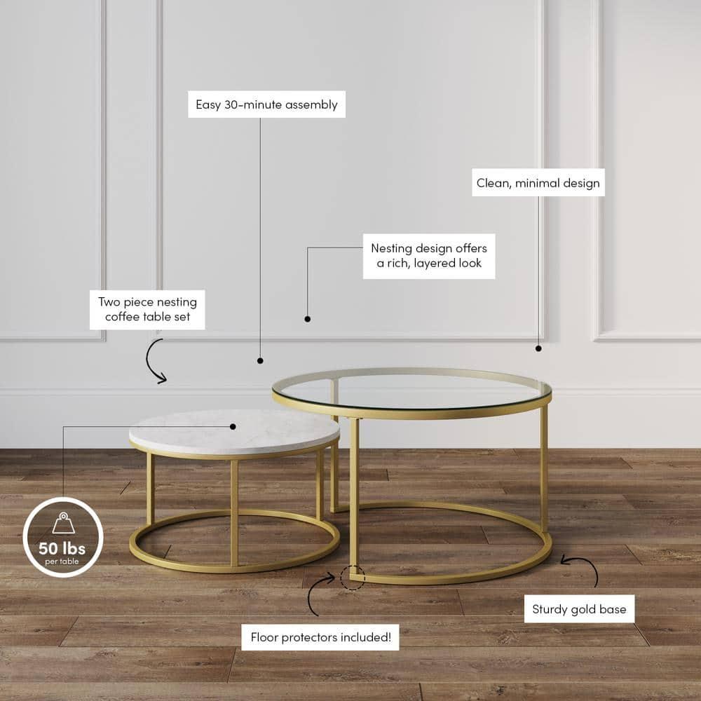 Modern Luxe Round Nesting Coffee Table Set, Glass & Marble on Gold Frame