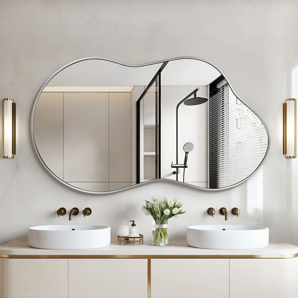 36 in. W. x 20 in. H Irregular Silver Aluminum Alloy Framed Wall Mirror Asymmetrical Wall Mirror