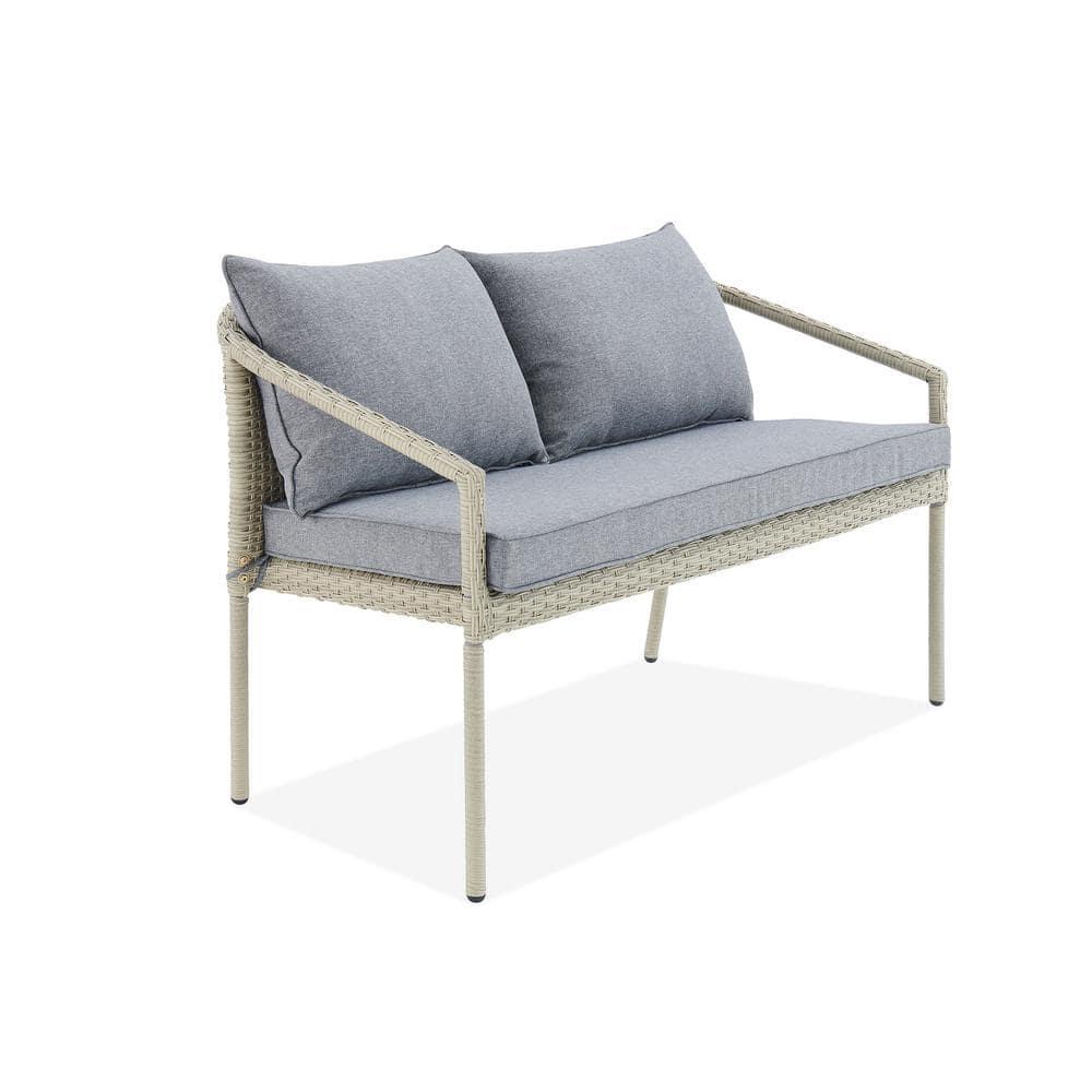Windham All-Weather Wicker Two-Seat Outdoor Light Gray Bench with Dark Gray Cushions