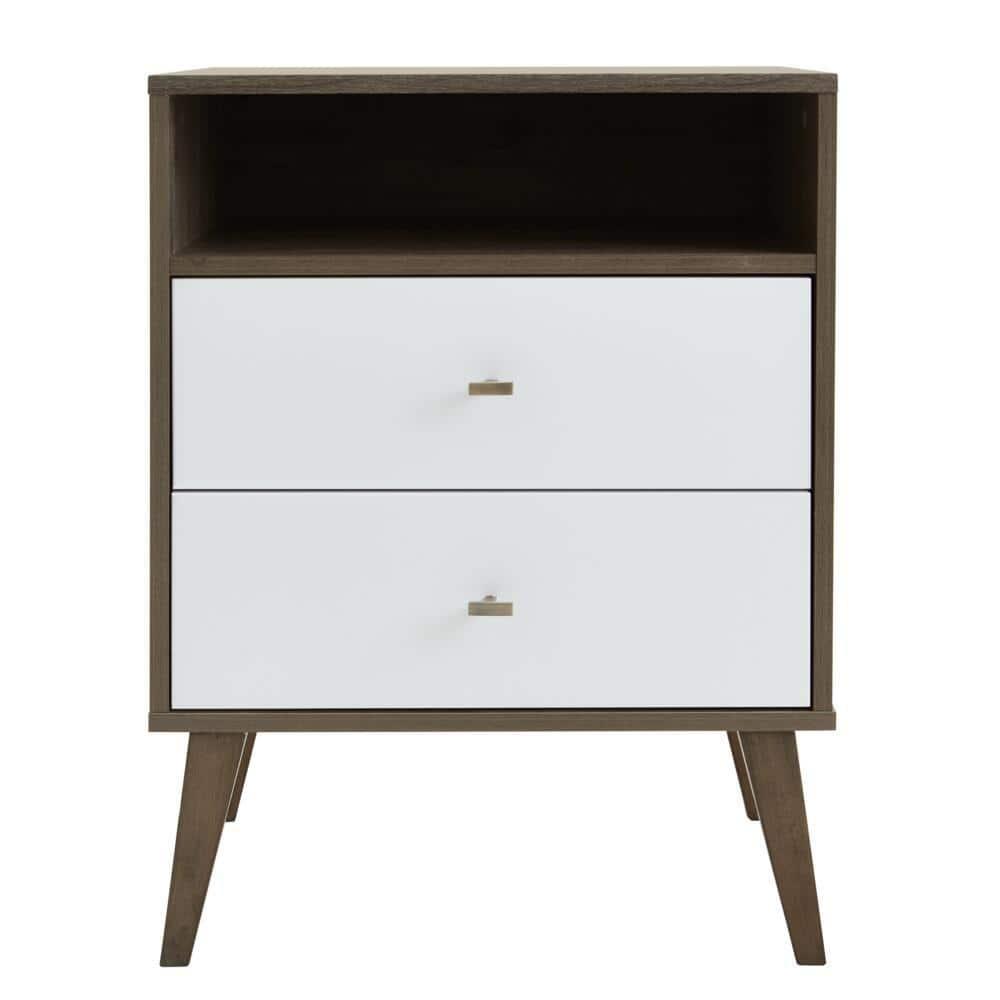 Milo Mid Century Modern 2 Drawer Tall Nightstand: Brass Knobs, Wood Legs - Prepac