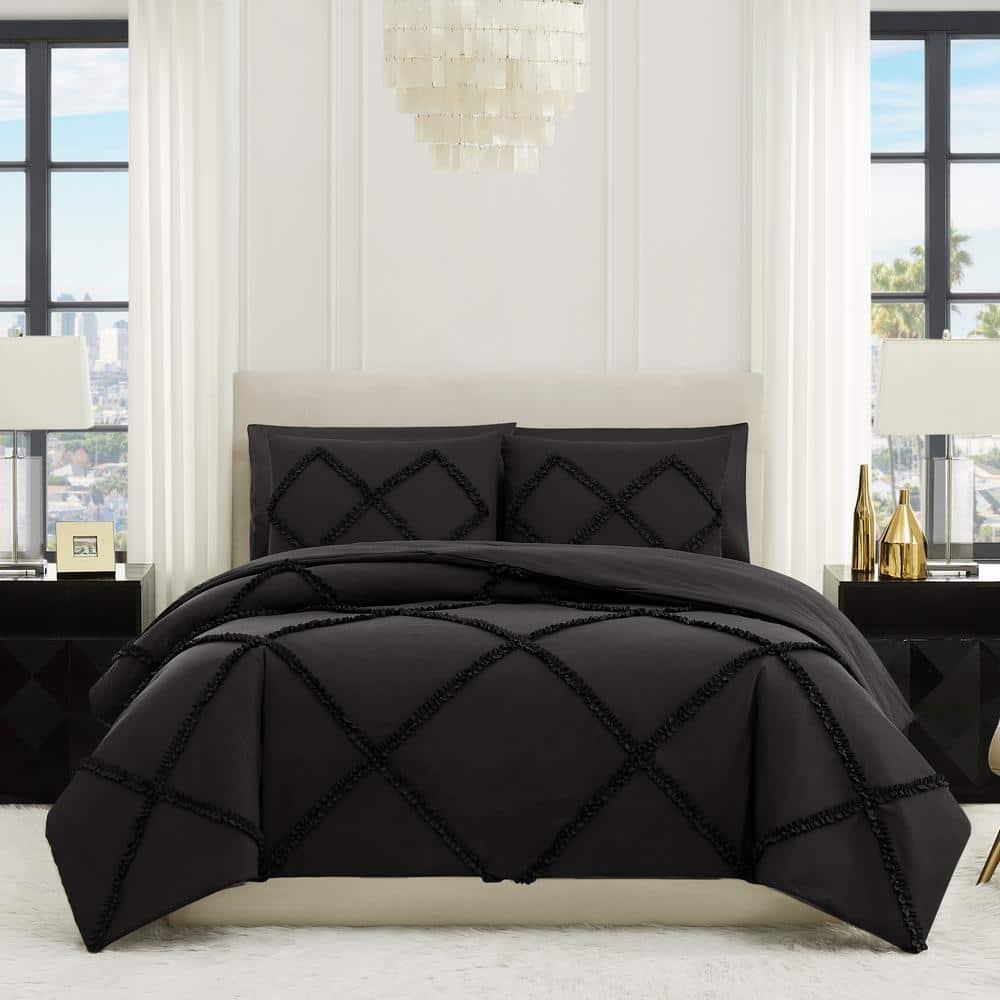 Full Black Microfiber Diamond Ruffle Reversible Comforter Set