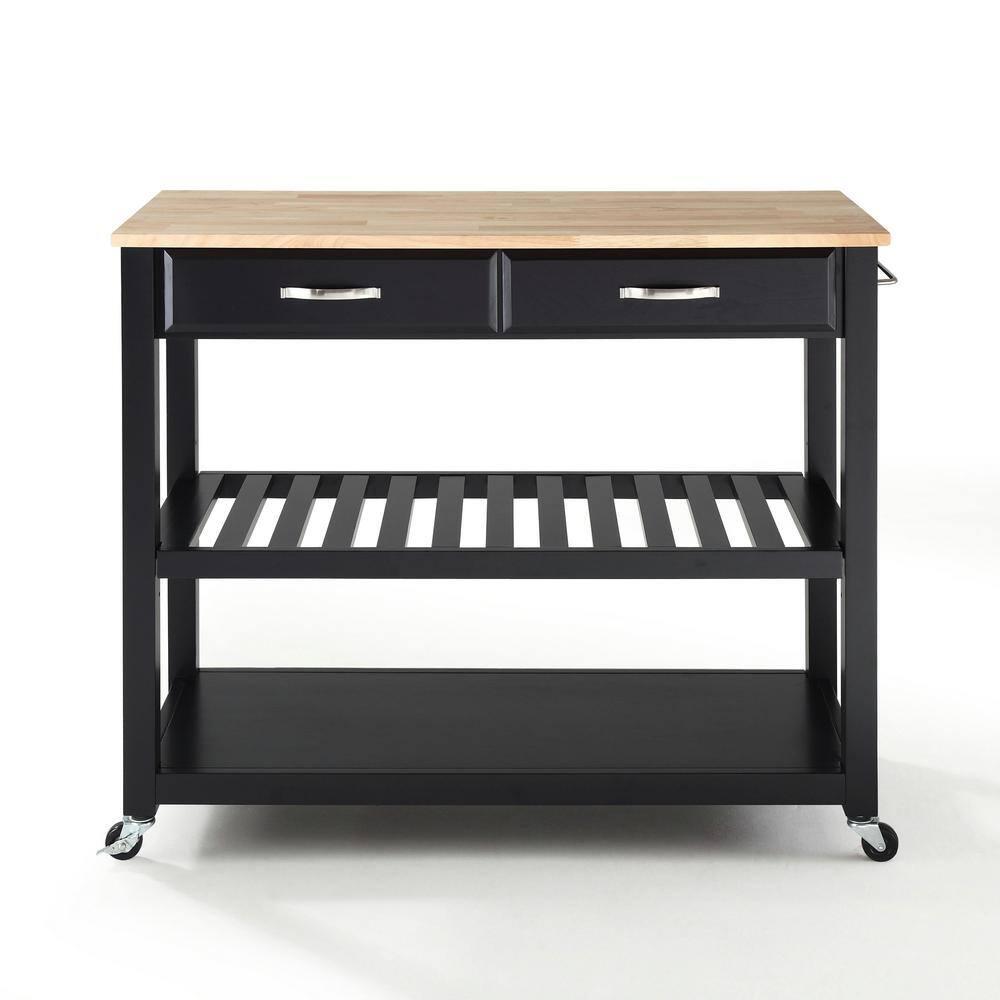 Natural Wood Top Kitchen Cart/Island with Optional Stool Storage - Black - Crosley: Solid Hardwood, Adjustable Shelf, Wheeled