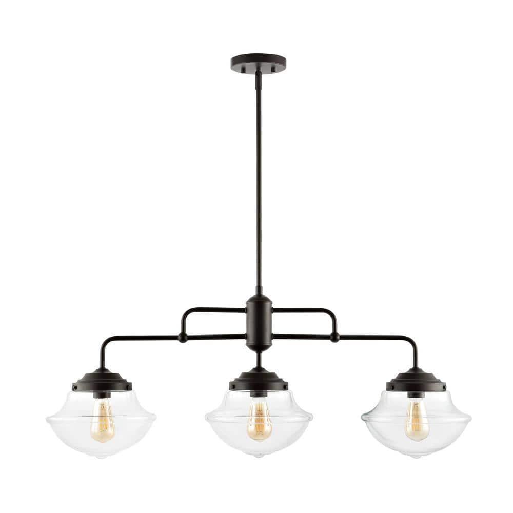 Avery 37.5" 3-Light Industrial Farmhouse Rustic Iron/Glass Linear LED Pendant, Oil Rubbed Bronze/Clear