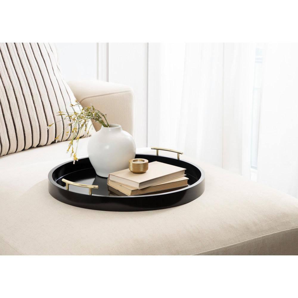 Kate and Laurel Lipton Round Decorative Tray with Metal Handles, 22" Diameter, Black