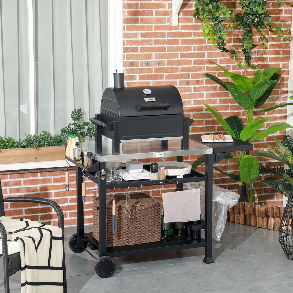 Outdoor Grill Cart with Foldable Side Table, 46" x 21.75" Multifunctional Stainless Steel Pizza Oven Stand with Three-Shelf, Movable Food Prep Table on Wheels, Black