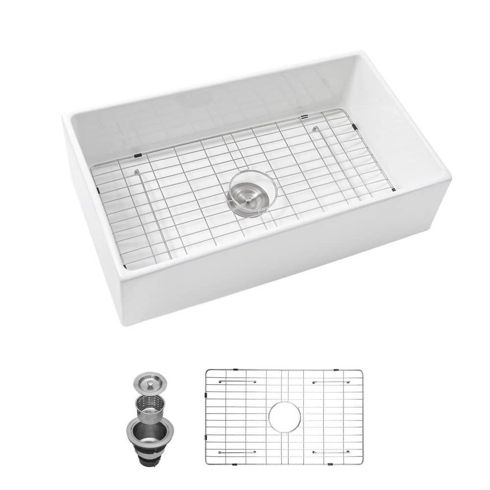 30 Inch Ceramic Kitchen Sink,Included Stainless Steel Dish Grid&Basket Strainer, Easy to Clean,Utility Sink for Workstation, Kitchen,White