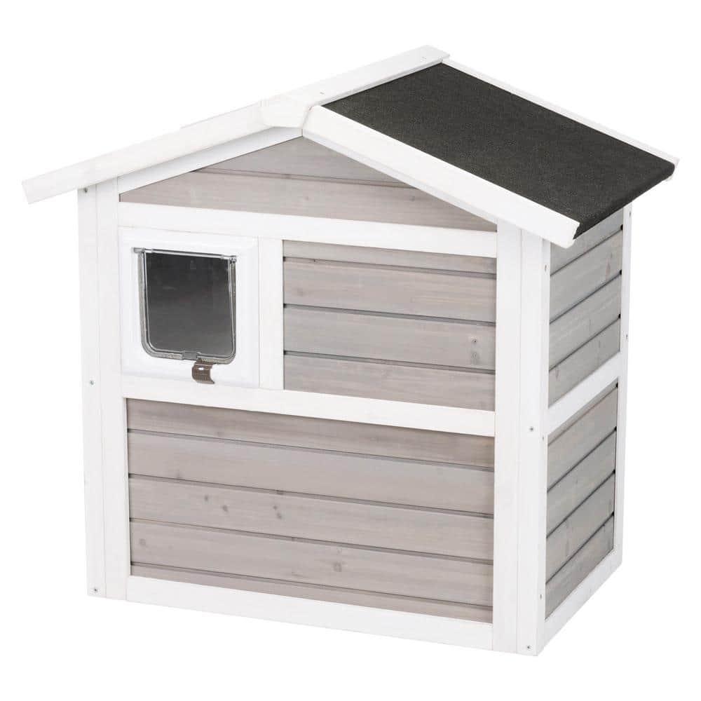 Gray and White 2-Story Insulated Outdoor Cat House with Ramp