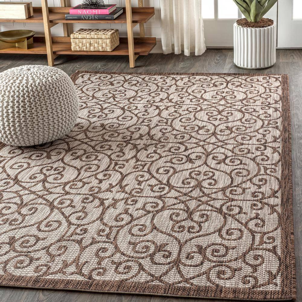 3'x5' Madrid Vintage Filigree Textured Weave Indoor/Outdoor Area Rug, Taupe/Espresso - JONATHAN Y